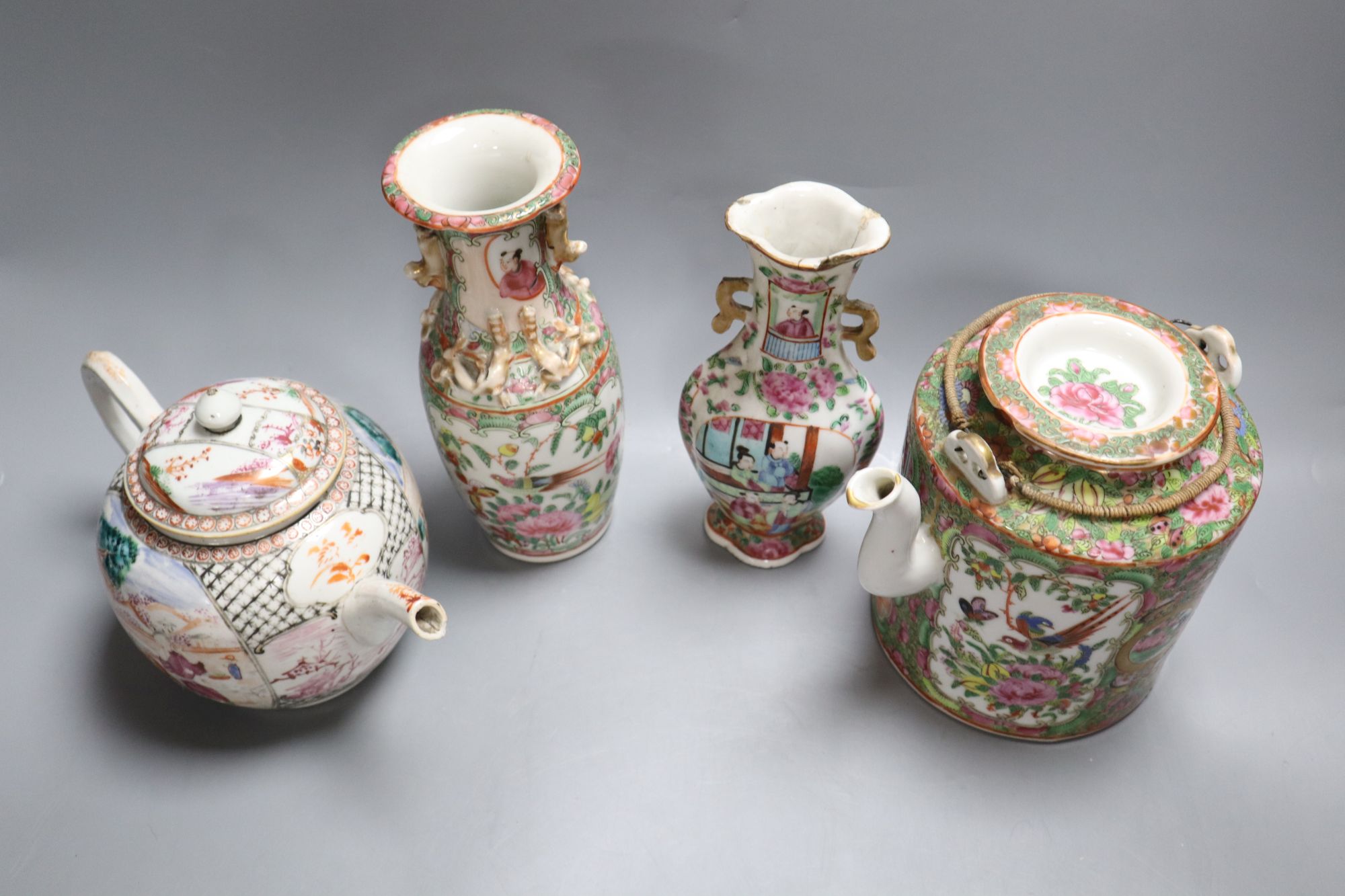 A group of Chinese famille rose tea wares and vases, 18th/19th century, tallest 20cm, (8), damage